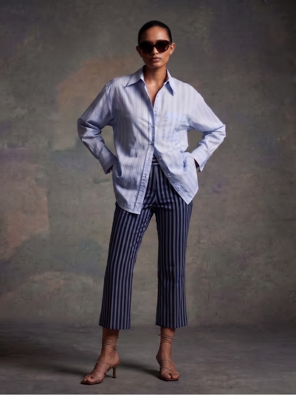 D e r e k  L a m - Navy Velvet & Cotton Striped Crop Flare Trousers Sz 2